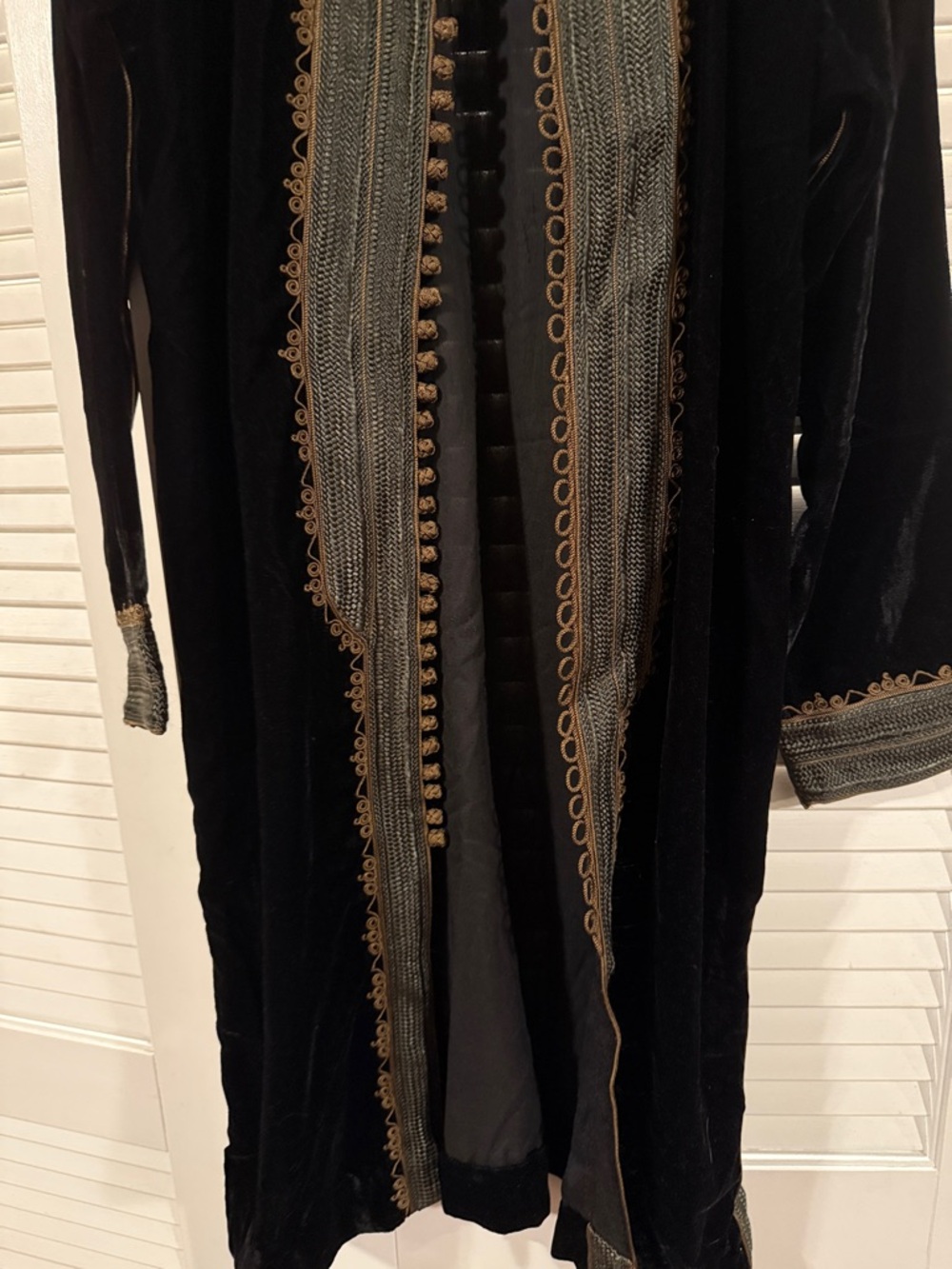 Black Velvet Long Coat with Ornate Gold-Tone Trim - Picture 6 of 16